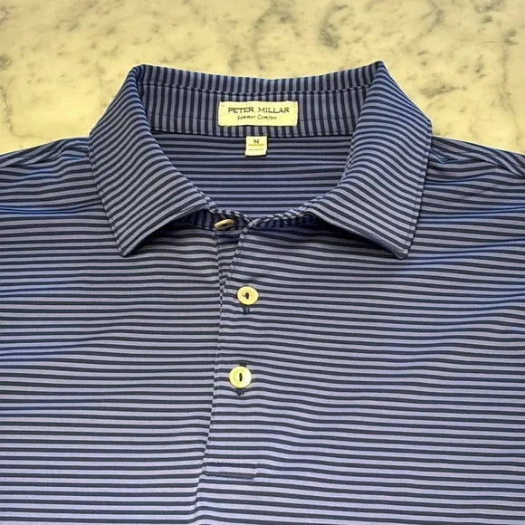 Peter Millar Blue Performance Polo Shirt Stripes and Classic Collar - Picture 2 of 3